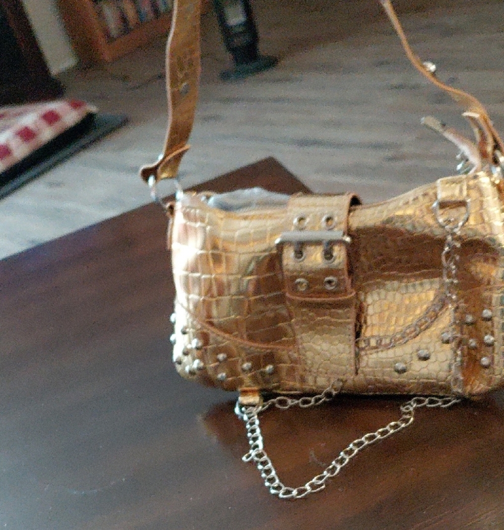 Metallic Gold Croc-Embossed Shoulder Bag with Stud and Chain Accent - Picture 1 of 6
